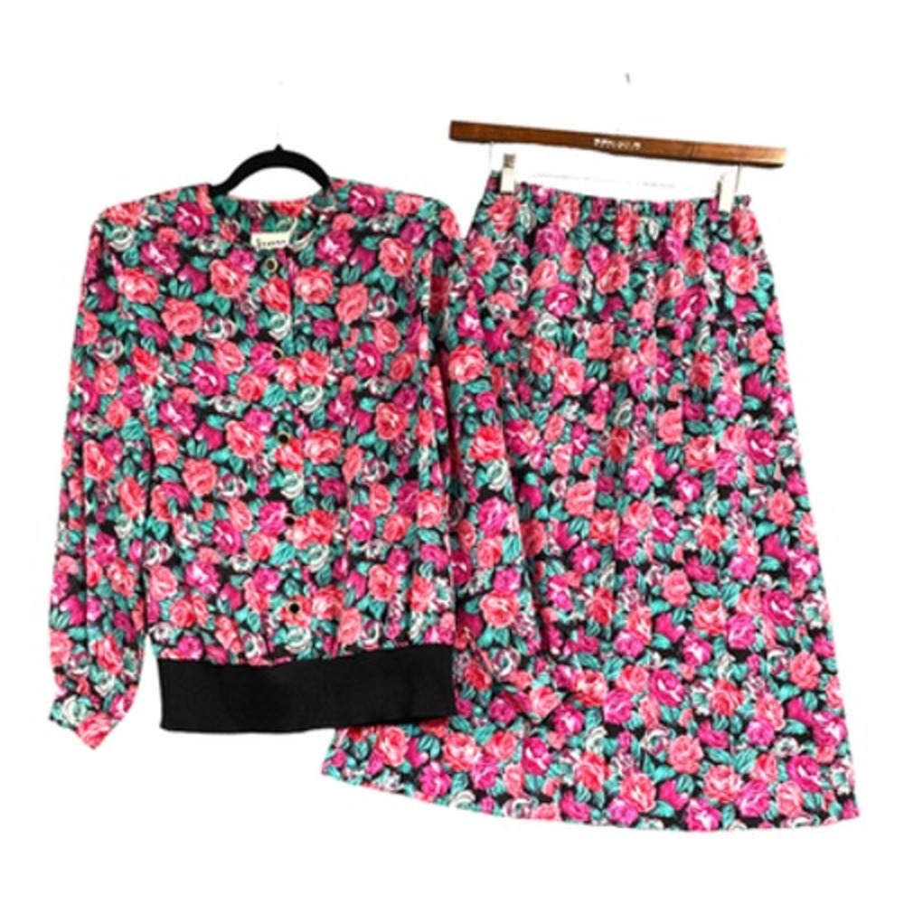 VTG 80s Floral Pullover Top & Midi Skirt Set Size 10 Pink Rose Cottagecore USA